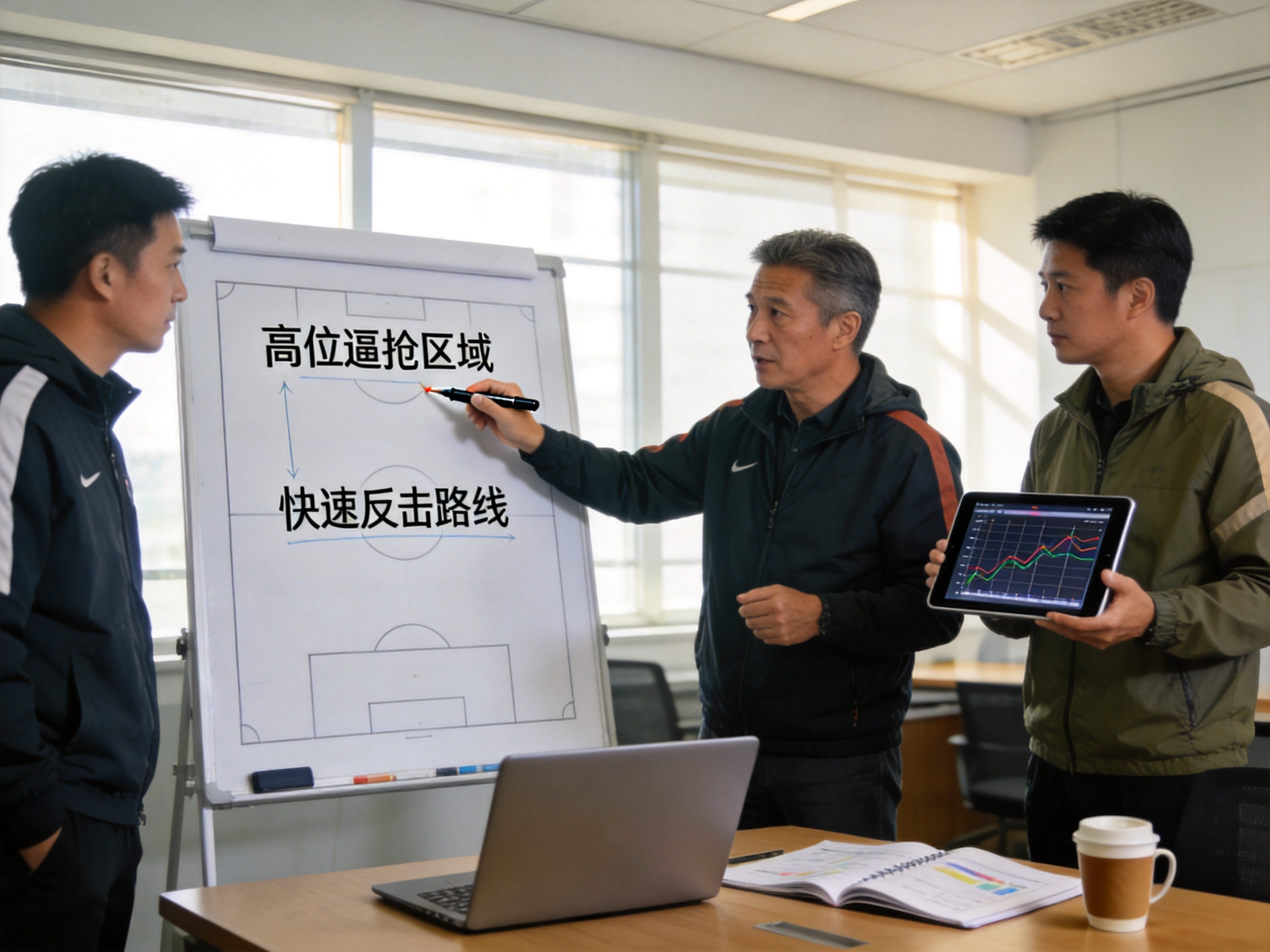 赛事战术分析专题配图，展示教练团队战术板推演与数据分析场景